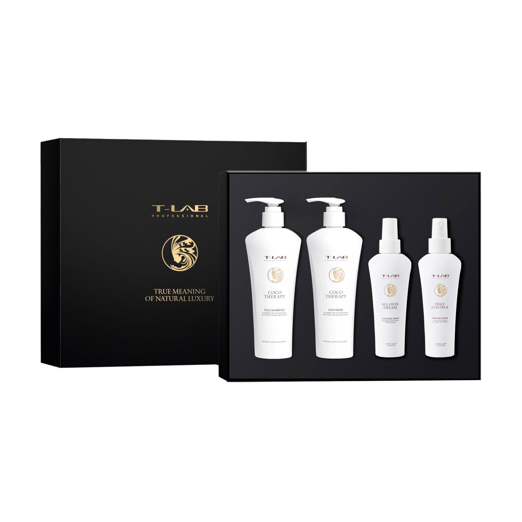 Набір для волосся T-Lab Professional (шампунь Coco Therapy, 300 мл + кондиціонер Coco Therapy, 300 мл + All Over Dream 15In1 Cream, 150 мл + Frizz Control Parfume Serum, 150 мл)
